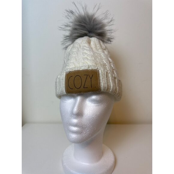 Rae Dunn "Cozy" Women's Ivory Cable Knit Pom Pom Beanie Winter Hat - Picture 3 of 10